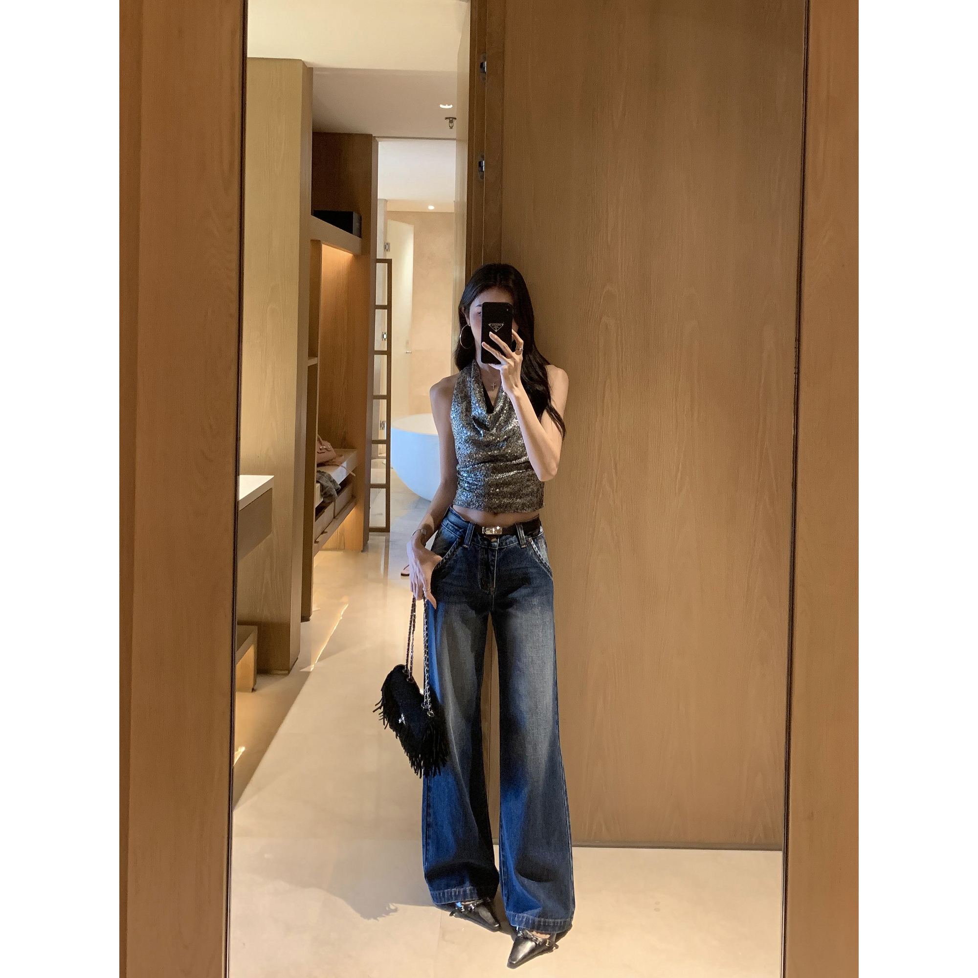 MULVAN 新晋神裤 复古蓝色低腰直筒牛仔裤女宽松重工洗水休闲裤