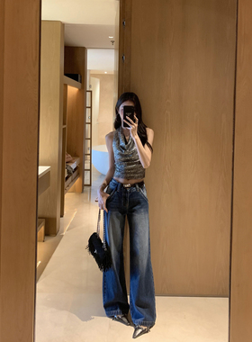 MULVAN 新晋绝绝裤 复古蓝色低腰直筒牛仔裤女宽松重工洗水休闲裤