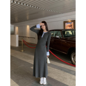 MULVAN 打底长裙 针织连衣裙女收腰褶皱喇叭袖 现货7折 气质长袖