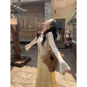 假期开衫 V领针织小衫 女微喇袖 MULVAN 夏海边度假风收腰镂空罩衫