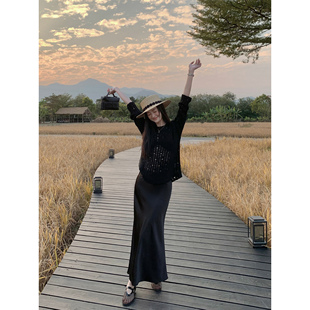 MULVAN 智美气质仿醋酸缎面半身裙女春夏垂感显瘦黑色a字鱼尾长裙