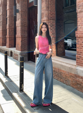 MULVAN 蓝色宽松阔腿牛仔裤女新款垂感设计感毛边拖地裤长裤