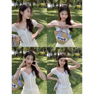 泡泡袖短款修身白色上衣