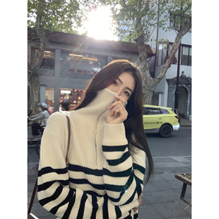 MULVAN 条纹毛衣女半拉链polo翻领套头宽松韩系上衣 现货7.5折