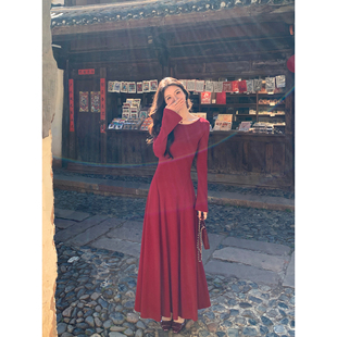 MULVAN 三穿式领型~黑色喇叭袖针织连衣裙女气质修身显瘦内搭长裙