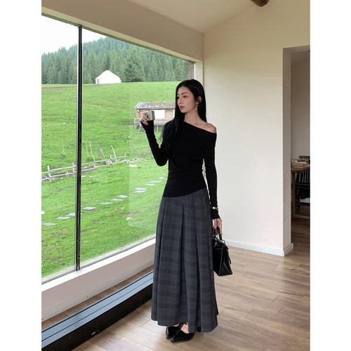 MULVAN【现货7.5折】miu感少女 复古格纹半身裙垂感高腰百褶长裙