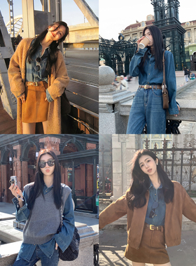 MULVAN港风复古蓝色牛仔衬衫女新款宽松休闲内搭叠穿长袖上衣