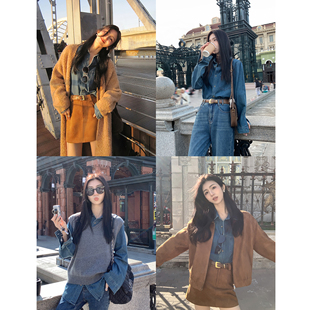 上衣 宽松休闲内搭叠穿长袖 MULVAN港风复古蓝色牛仔衬衫 女新款