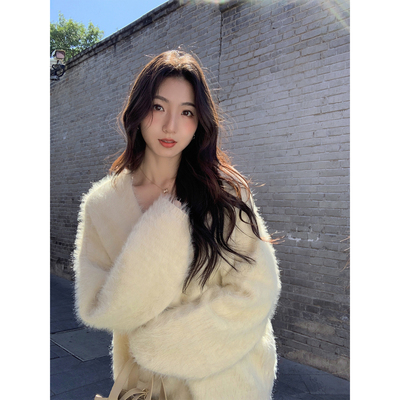 MULVAN 千金茶会 仿貂毛软糯针织开衫女秋冬宽松慵懒风毛衣外套