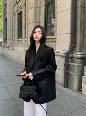 MULVAN 【现货7折】黑色复古pu皮衣西装外套女新款高级感宽松西服