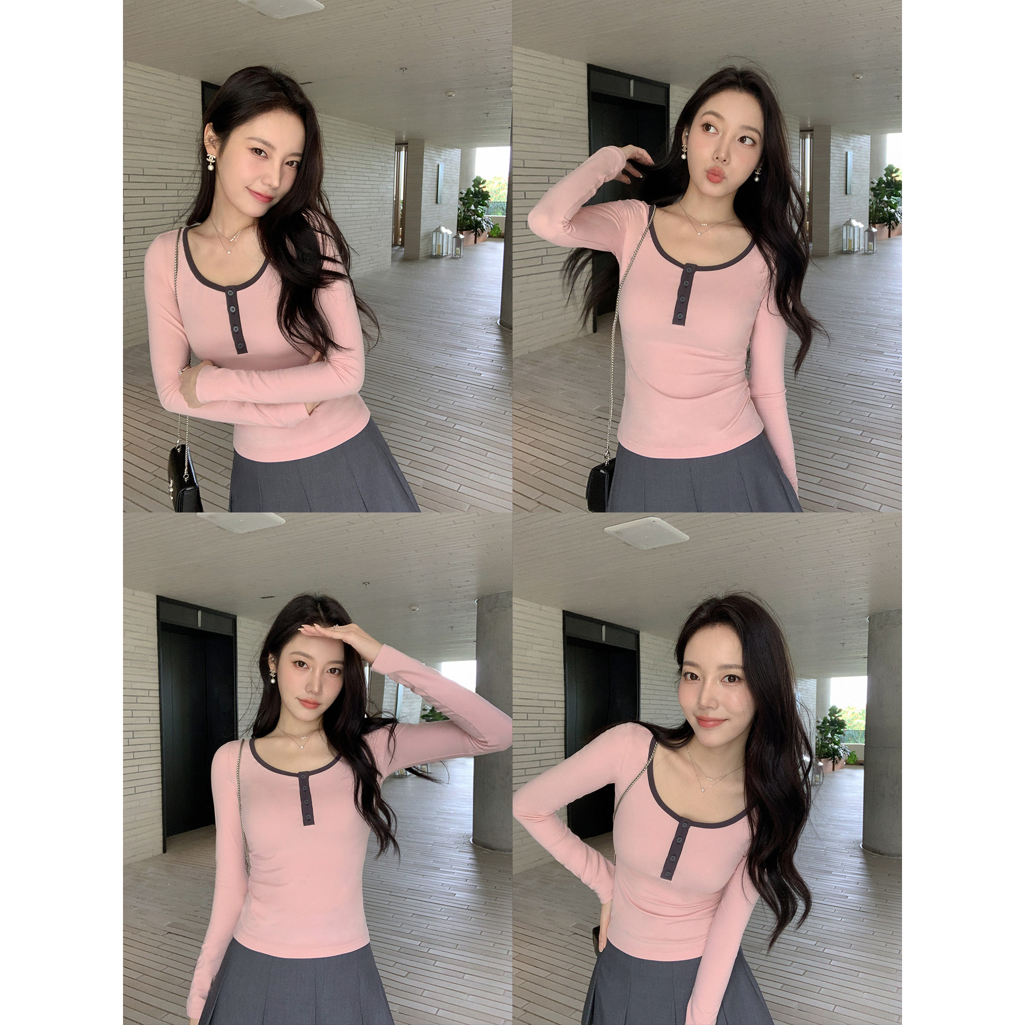 撞色边大圆领半开扣针织衫