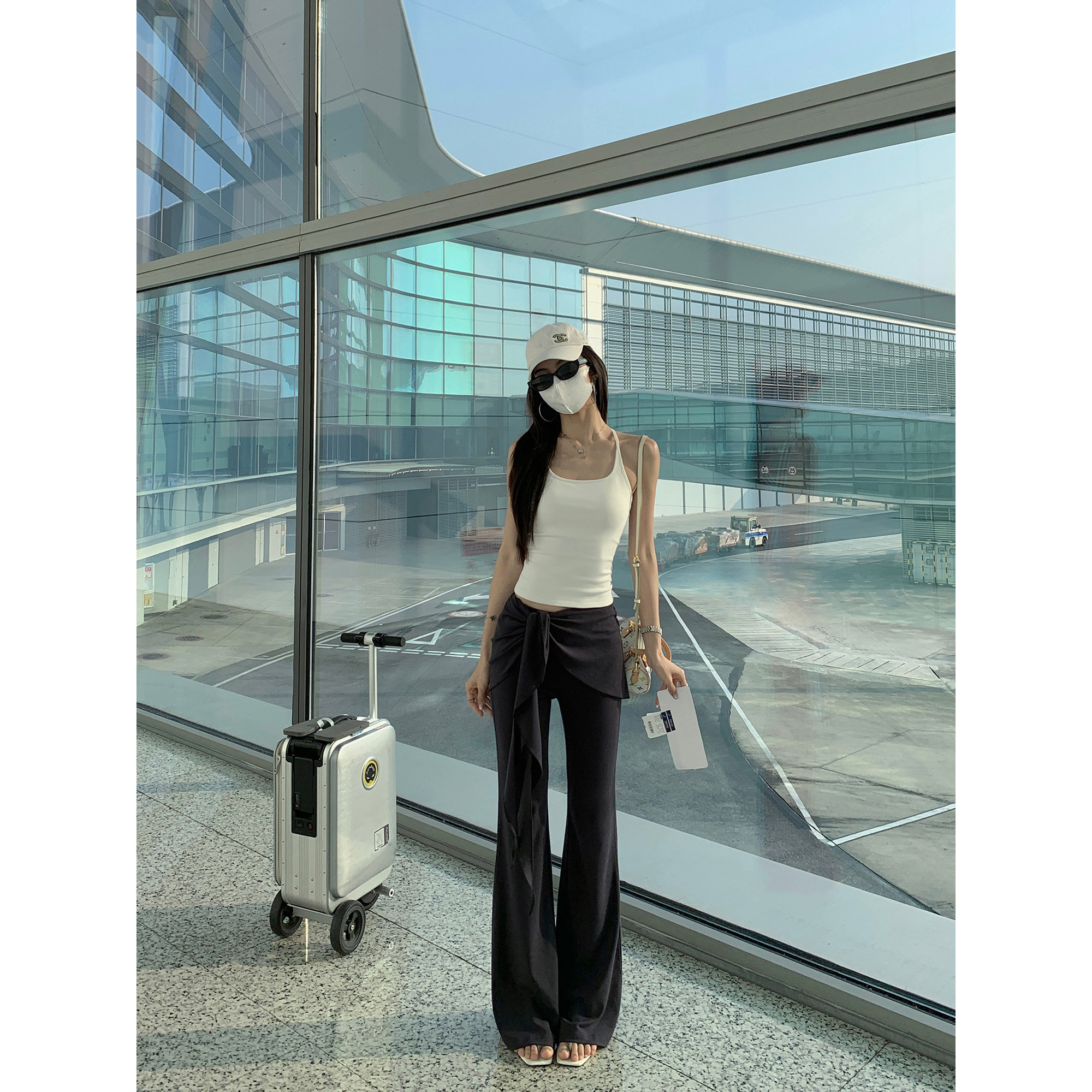 MULVAN 叠影交织 高腰假两件微喇休闲裤女设计感侧绑带垂感长裤