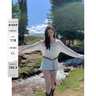 MULVAN 宽松显瘦设计感小众气质上衣 镂空V领针织衫 女春秋长袖