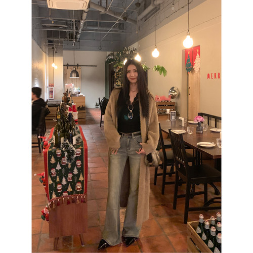 MULVAN 【现货7折】白色水貂绒开衫毛衣女秋冬慵懒仿貂毛针织外套