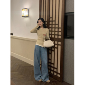 现货7折 拖地长裤 复古蓝色阔腿牛仔裤 高腰休闲裤 女秋季 MULVAN