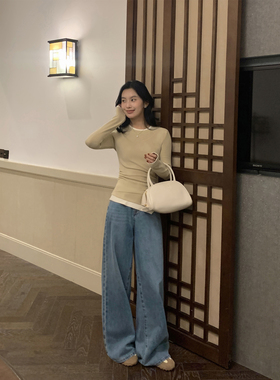 MULVAN 【现货7折】复古蓝色阔腿牛仔裤女秋季高腰休闲裤拖地长裤