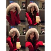 狐狸毛领连帽红色毛衣女慵懒宽松V领套头针织衫 MULVAN 不失格调