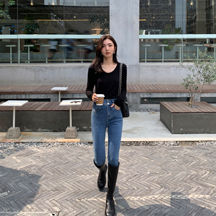 女高腰九分裤 MULVAN 黑色弹力紧身牛仔裤 si服偏爱 现货7折