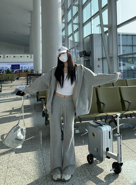 MULVAN【现货6折】一键出门 美式灰色连帽卫衣外套女宽松拉链开衫