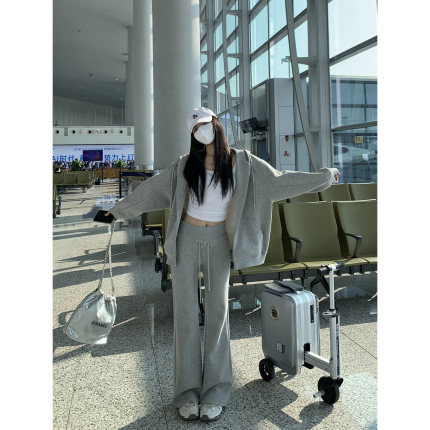 MULVAN 一键出门 美式灰色连帽卫衣外套女宽松慵懒风拉链开衫上衣