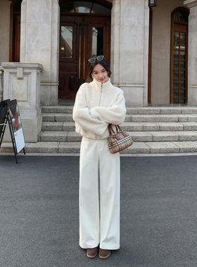 MULVAN 取意自然 灰色高腰针织阔腿裤女冬季宽松休闲直筒拖地长裤