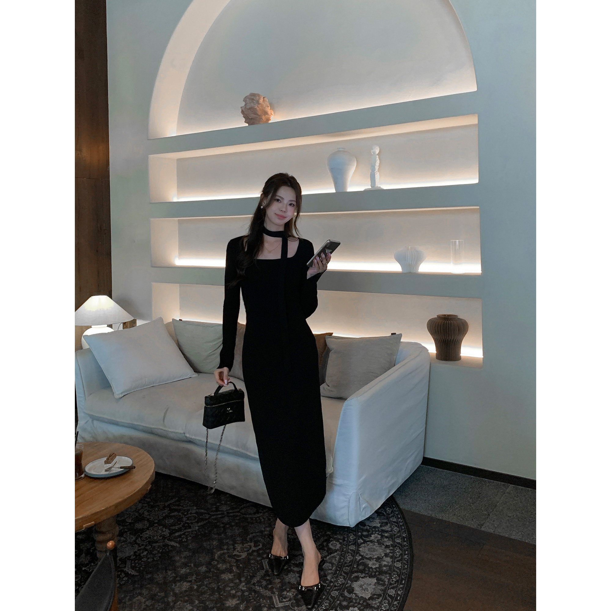 MULVAN 【现货7折】挂脖针织连衣裙女收腰褶皱中长款方领长袖裙子,女装/女士精品,连衣裙,淘宝优惠券,粉丝福利购,淘宝优惠卷