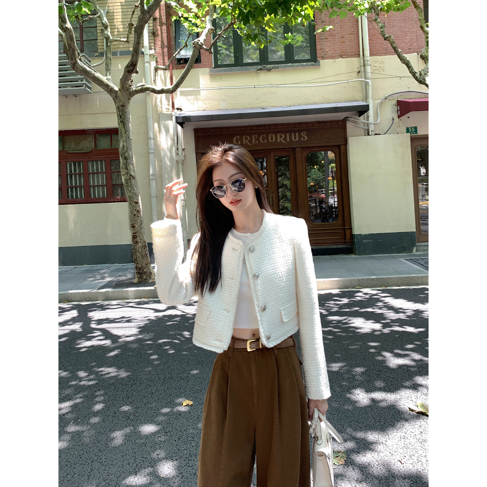 MULVAN 白色小香风毛呢外套女2023秋新款高级感气质短款开衫上衣