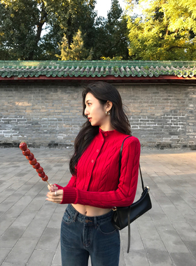 MULVAN 经典旋律 复古半高领麻花毛衣开衫女气质修身短款针织上衣