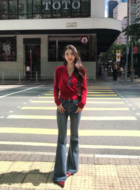 MULVAN 【现货7.5折】出格漫画腿 复古蓝色微喇牛仔裤修身喇叭裤