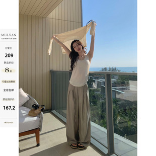 MULVAN 步履生风 竹节纹理高腰休闲裤女宽松阔腿垂感直筒拖地长裤