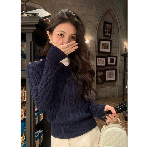 MULVAN miu系学院 可拆卸衬衫领假两件毛衣女修身短款针织衫上衣