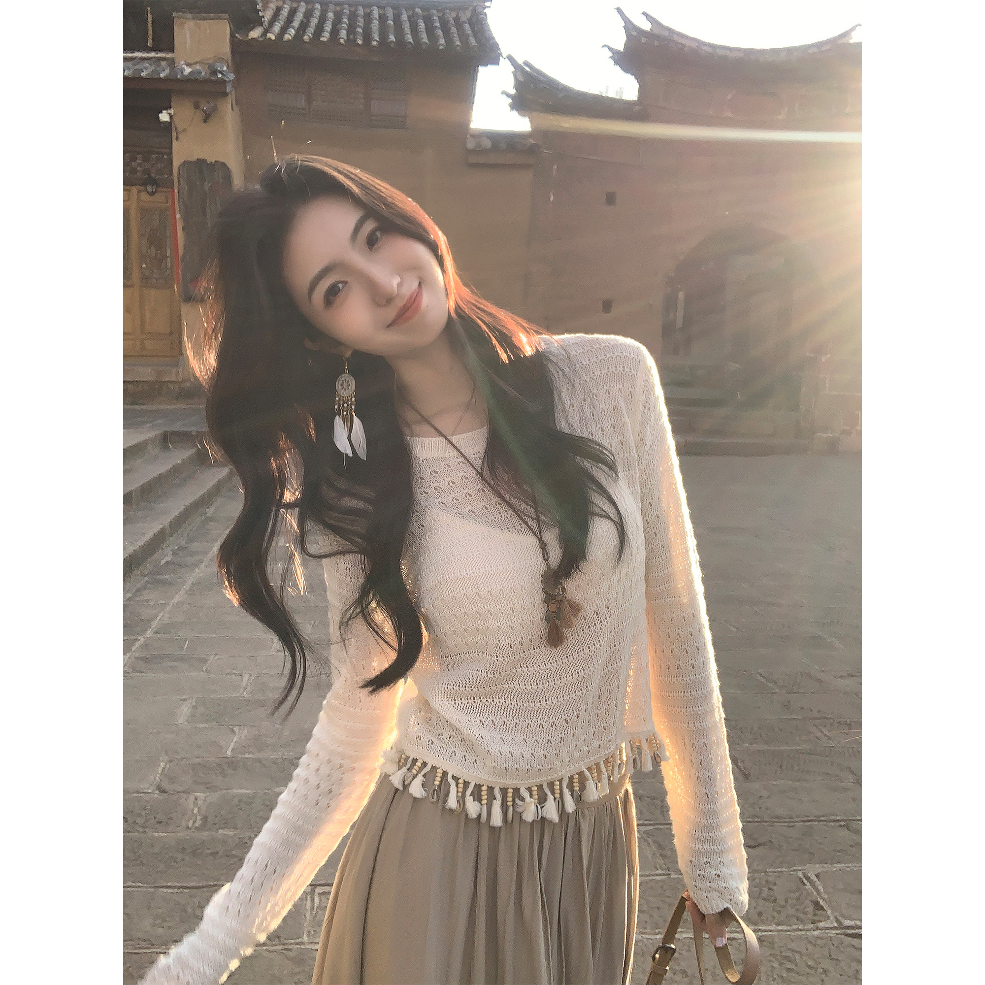 MULVAN 北岛风信 度假旅游穿搭镂空上衣女设计感流苏贝壳针织衫