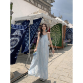 MULVAN 月下山茶 超仙立体花朵吊带长裙女度假风宽松雪纺连衣裙