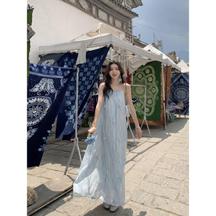 MULVAN 超仙立体花朵吊带长裙女度假风宽松雪纺连衣裙 月下山茶