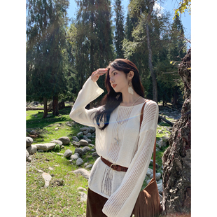 MULVAN 上衣 宽松镂空针织衫 女春秋设计感慵懒风圆领套头长袖