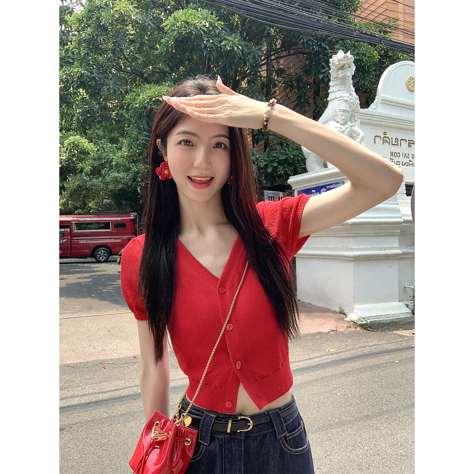 MULVAN 法式红色短袖针织衫女新款夏v领短款开衫上衣收腰显瘦