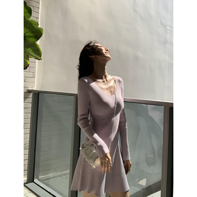 气质v领长袖针织连衣裙女春秋