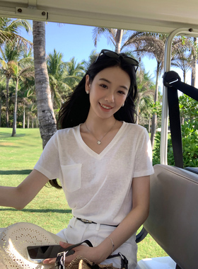 MULVAN 舒适透气感 白色口袋v领短袖t恤女宽松随性简约正肩上衣