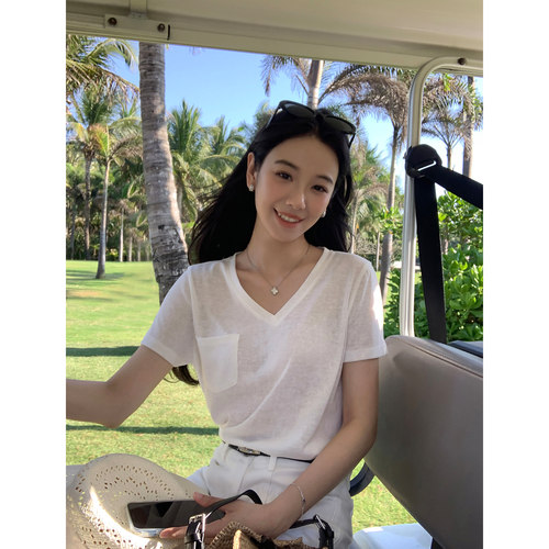 白色口袋v领短袖t恤女正肩上衣
