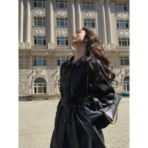 MULVAN【现货7折】 纽约时报 配腰带~复古黑色pu皮衣系带收腰外套