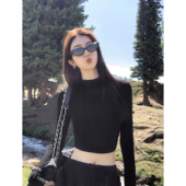MULVAN 显瘦t恤 高腰露脐辣妹修身 黑色半高领长袖 针织上衣女短款