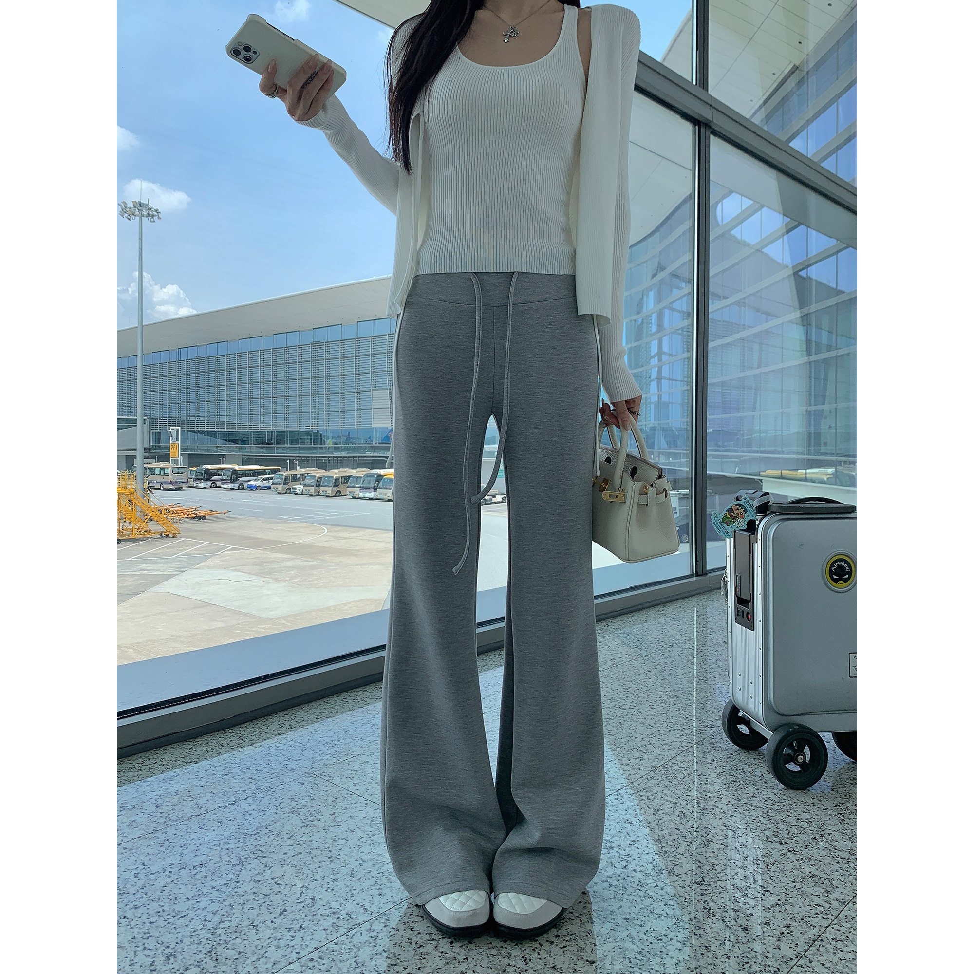 MULVAN【现货7折】轻氧法则 垂感微喇叭裤女松紧腰抽绳直筒长裤