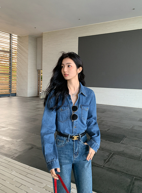 MULVAN 蓝色复古纯棉牛仔衬衫女春新款宽松休闲衬衣长袖上衣