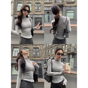 MULVAN 亲肤舒适 半高领针织衫女长袖修身收褶秋冬内搭打底衫上衣