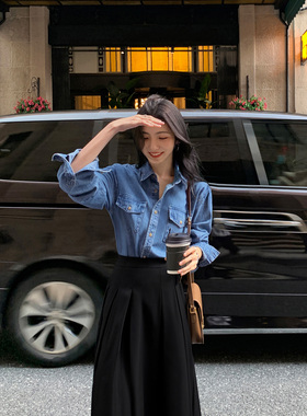 MULVAN蓝色牛仔衬衫女宽松显瘦休闲外套春季韩系内搭叠穿衬衣上衣