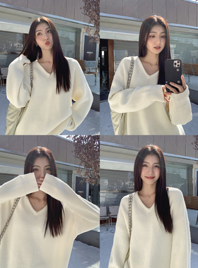 MULVAN 【现货7折】松弛天菜 慵懒风宽松v领毛衣女冬季针织衫上衣