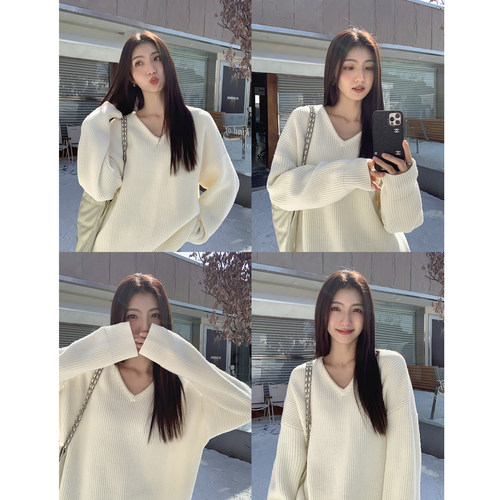 V领宽松慵懒风加厚毛衣