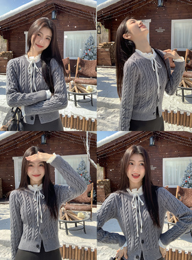 MULVAN 灰色圆领麻花毛衣开衫女冬季短款修身内搭针织衫上衣