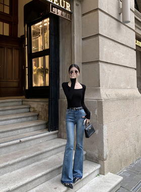 MULVAN 【现货7.5折】蓝色复古微喇叭牛仔裤女高腰显瘦新款长裤