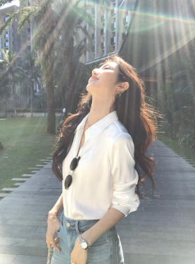 MULVAN 轻奢优雅 高级感缎面翻领长袖衬衫女宽松休闲通勤紫色衬衣